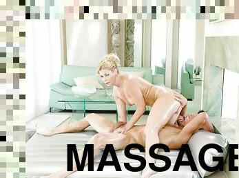 Talented blonde hottie gives muscular man a massage