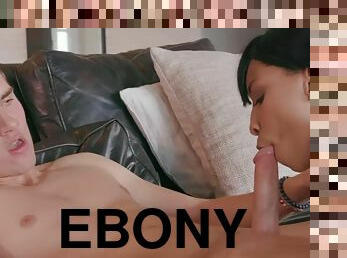 Slim ebony babe gets her interracial orgasm on white cock