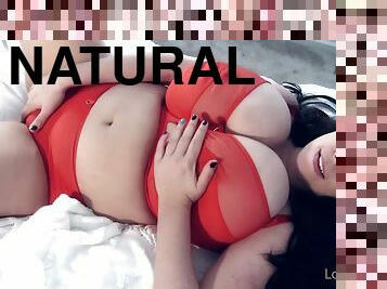 Breathtaking natural monster tits in sexy red lingerie - young curvy brunette babe solo