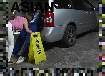 Ruri Saijo gives head to bored car mechanic guy in the car garage