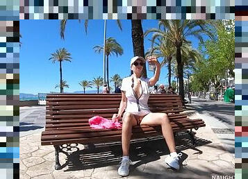 Shameless exhibitionist from Russia flashing on public bench at resort