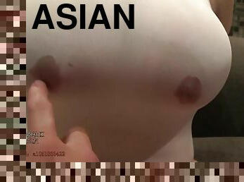 asiatisk, store-pupper, cum, naturlig, busty, pupper, titjob