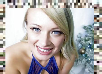 Blue eyed Blonde masturbating by the Christmas tree