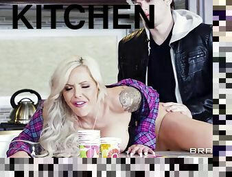Big breasted blondie Nina Elle riding huge cock on the kitchen counter