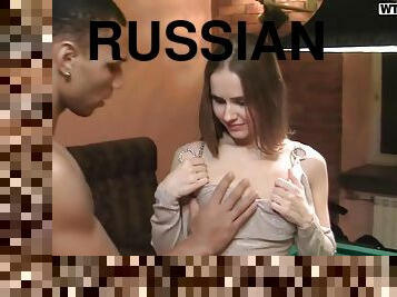 Russian coed Sabrina picked up in the street to suck two big cocks