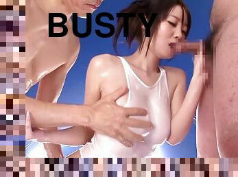 Aika Yumeno oiled uo busty Japanese babe in threesome