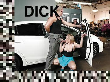 Mechanic invites a curvy blonde to sit down on his hard dick
