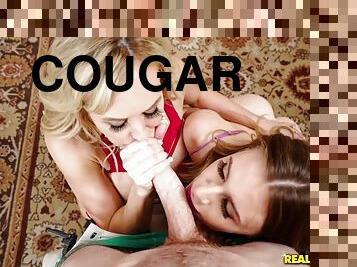 A cougar and cute teen gives POV double blowjob before a fuck