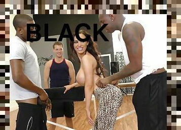 Two black dudes fuck busty babe in front of a white lad