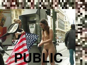 American bitch wrapped in flag in public