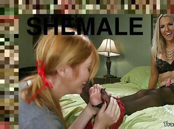 shemale, anal, blowjob, hardcore, transeksuell, spionering, rødhåret, blond, knulling-fucking, strømper