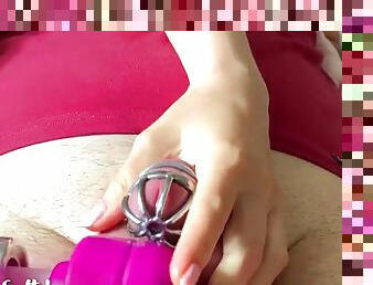 Monthly Searing of Hubby. I give him a painful orgasm in a chastity cage with my Hitachi