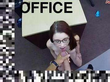 Cum loving pawnshop slut sucks and rides big white cock in the office