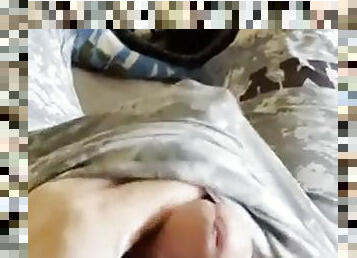 Army soldier jerks off in his wrestling jersey and cums through it!