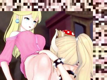 Bowsette licks Peachs pussy before tribbing. Lesbian Hentai