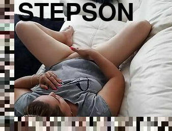 My stepson finds me masturbating in the living room. He sucks his rich cock