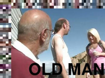 Tessa taylor rides an old man outdoors