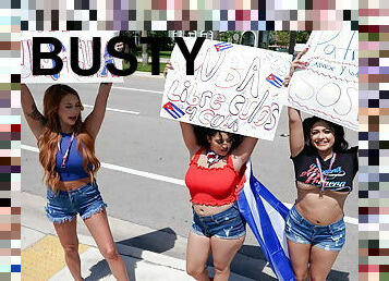 Curvy cuban babes sharing a lucky dick at once