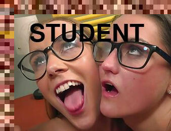 Geeky Graduates: threesome in student hostel with cum on face - eyeglasses
