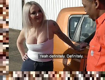 White blonde opens ass in front of a big black cock