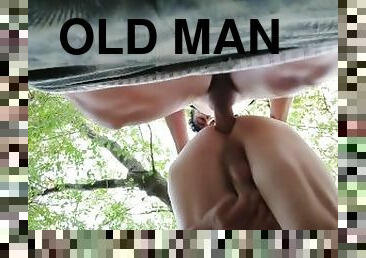 Twink fucks old man in the park bareback - view from below - thick cock sliding in old ass