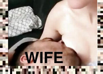 Sweet wife breastfeeds her husband until he cums