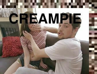 teenager, hardcore, creampie, babysitter, synsvinkel, undertøj, barberet, brunette