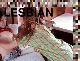 Cute chicks suck tits in lesbian bedroom scene