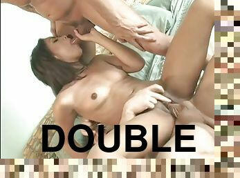 Little homebody gets her holes double drilled and double stuffed in a threesome