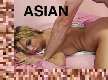 asiatisk, babes, blowjob, tenåring, blond, cunt, våt