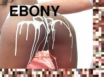 Messy milky sex toy play with striking ebony goddess Maika