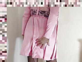 Hot caged sissy crossdresser in pink sissy dress