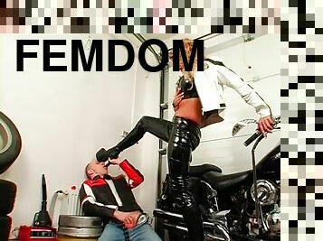 bdsm, blondīne, biker, dominēšana, femdom, pēriens, augsti-papēži, āda