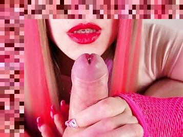 Sweet blonde plays with my cum! Babe with long nails passionately sucks & enjoys huge oral creampie