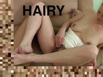 Horny hairy pussy babe Kelli sucks dick and gets fucked to a hot hairy pussy cum shot