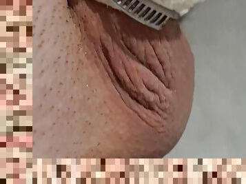Close up of limp banded cock masturbation until cum or orgasm contractions, tight banding with hose clamp