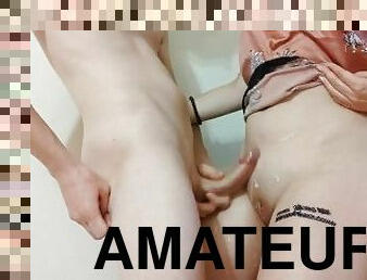 amatör, avsugning, cumshot, samling, par, trosor, sprut, brunett, tatuering