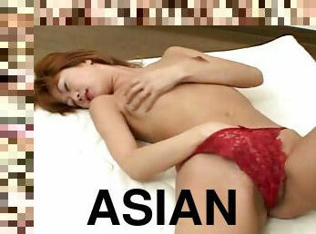 Tit rubbing Asian masturbates in red panties