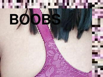 Massaging my pointy boobs on vintage purple bra