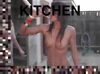 Drunk small tits chicks get naked in kitchen
