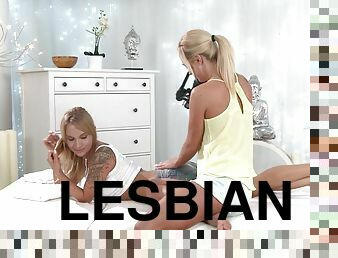 Two seductive blonde lesbians get wild and lick each other