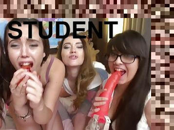A freshman student fucks four slutty exchange college girls in dorm