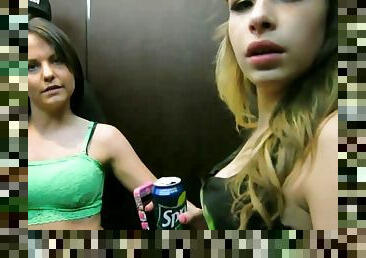 Party sluts tits flash in the elevator