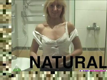 College Kelly showing natural tits fingers her pussy in the shower