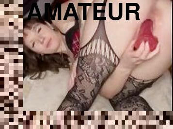 masturbation, chatte-pussy, amateur, babes, milf, jouet, maison, bas, résille, gode