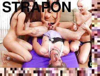 Apron sissy strapon pegged by group of dominant babes