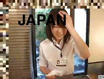 Shy Japanese employee gives handjob in hot spring