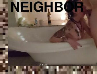 Big dick pounds tatted neighbor MILF right out of the bathtub