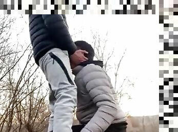 Outdoor twinks blowjob, fucks bareback and more cum in sportwear