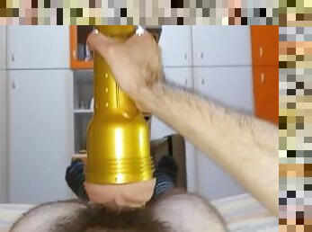 moment of fucking the fleshlight on the bed all naked wearing only socks